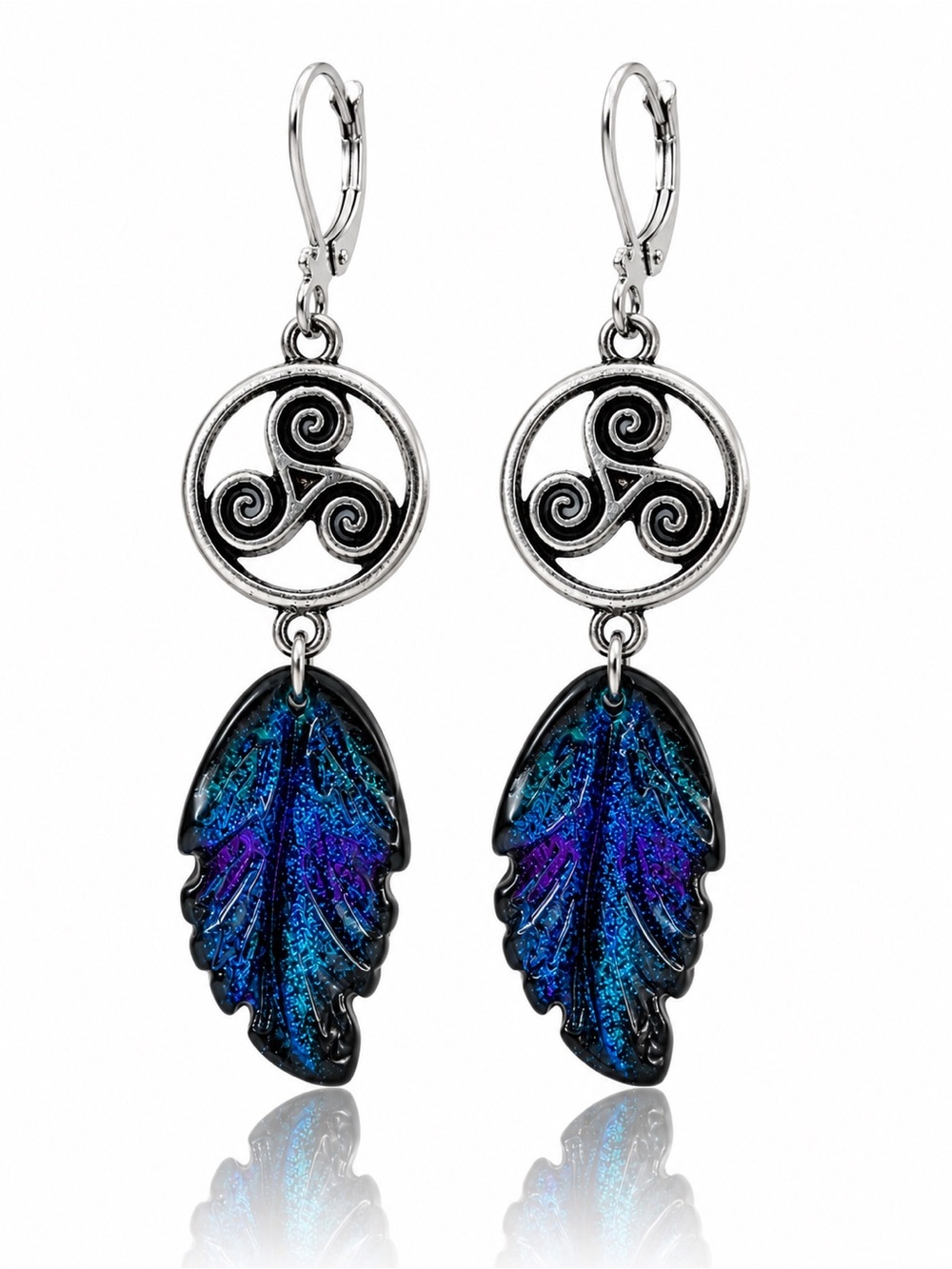 Celtic Triskelion Leaf Earrings | Iridescent Glass Dangles | Premium Leverbacks - Picture 7 of 9